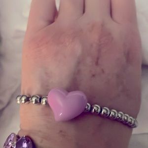 Purple & silver stretch heart bracelet